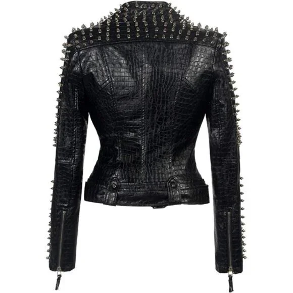 Women's Punk Faux Leather PU Black Jacket Studded Rivet Fashion Streetwear Coat - Picture 3 of 7